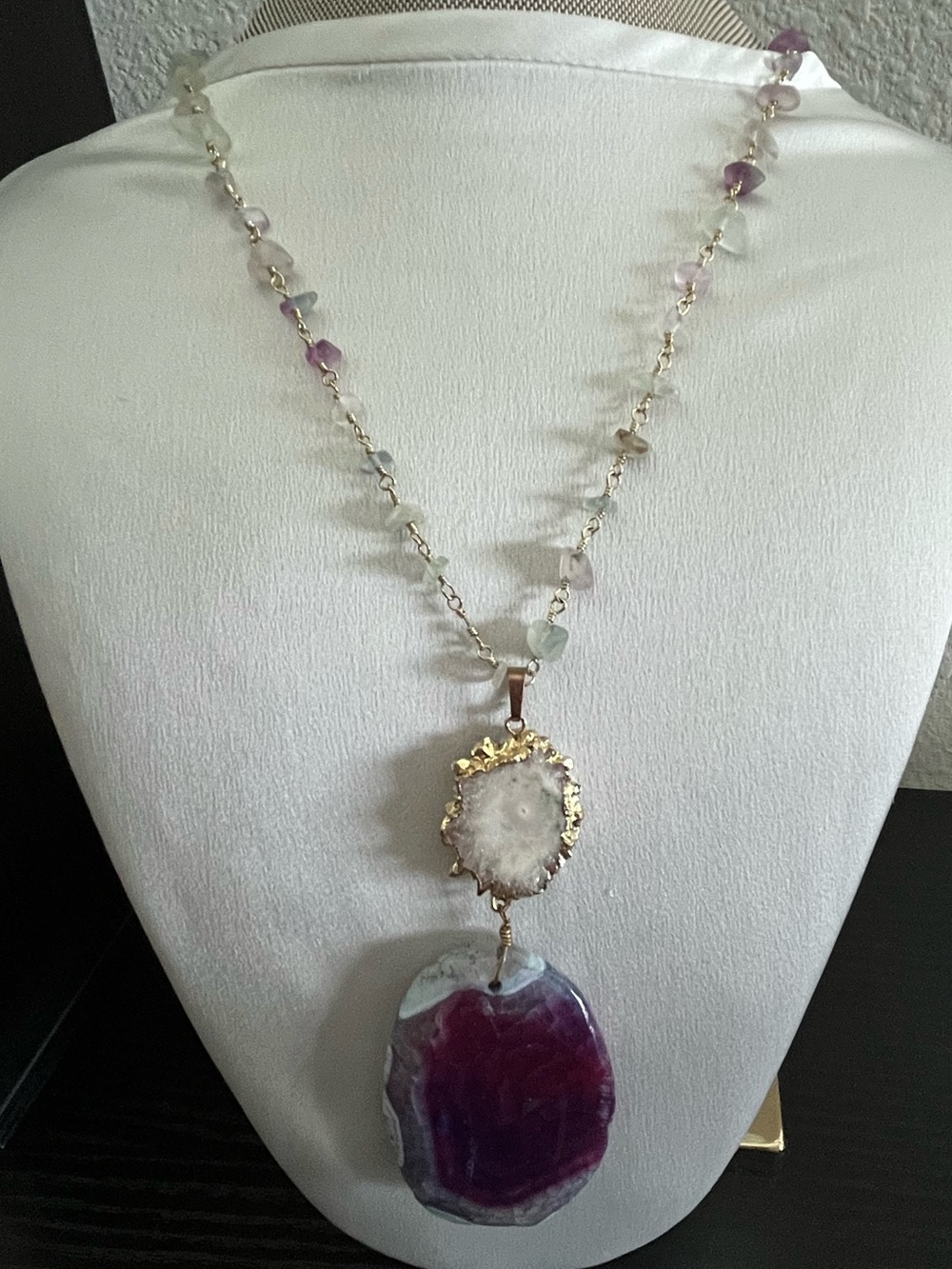 Druzy Geode & Purple Agate Slab Pendant Statement Necklace NWT
